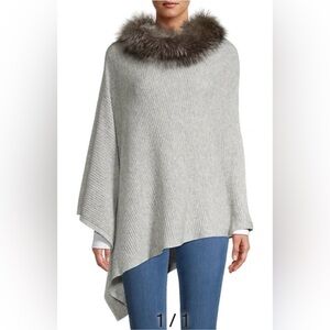 SOFIA CASHMERE Women’s Cashmere Fox Fur Asymmetrical Poncho Fine Knit Sweater OS